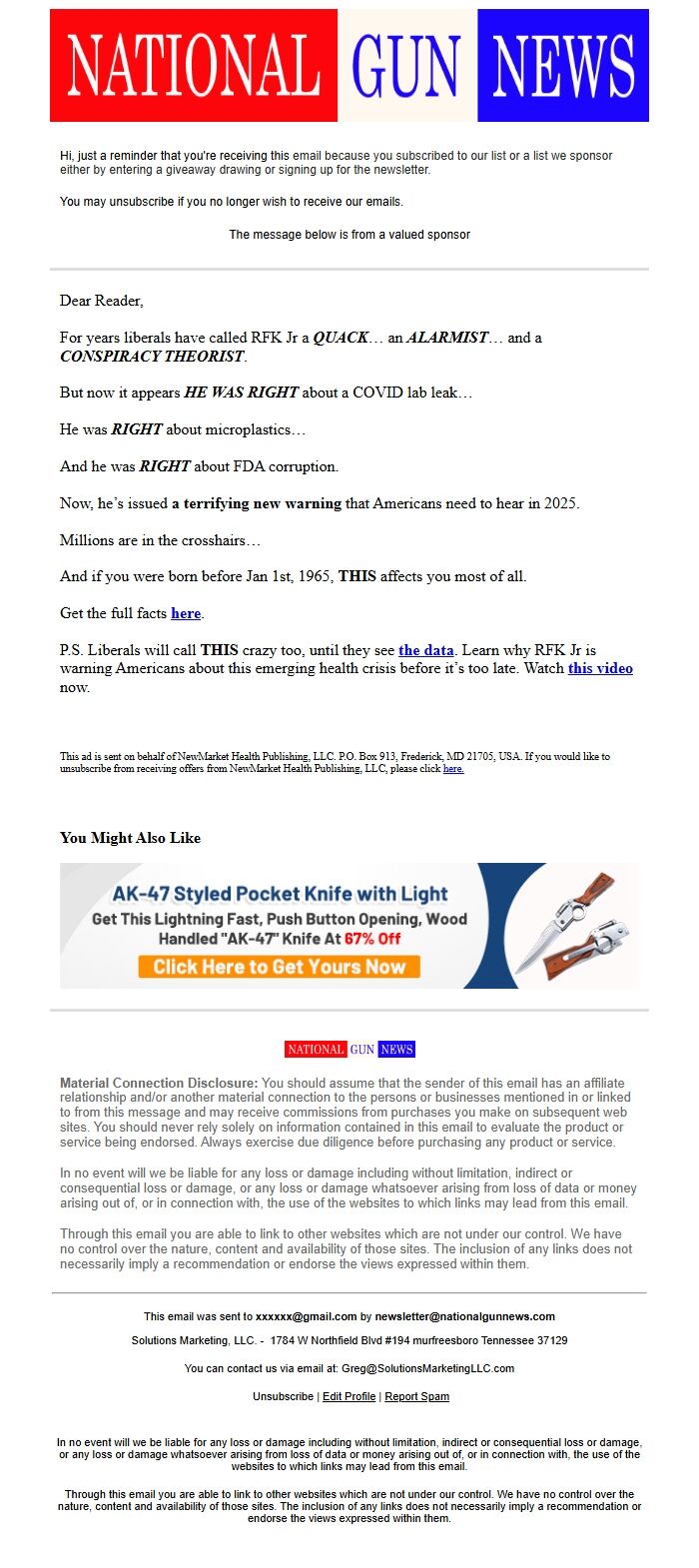 Screenshot of the email generated on import