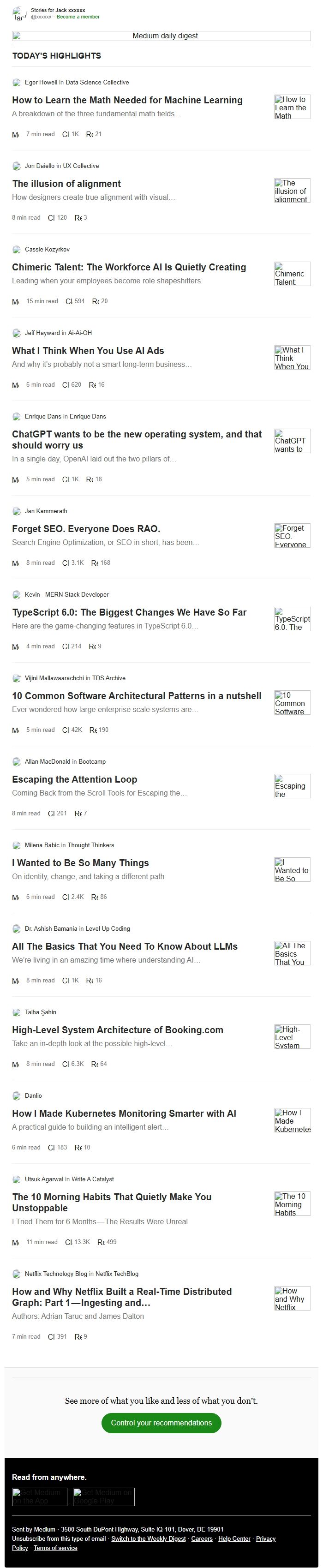 Screenshot of the email generated on import