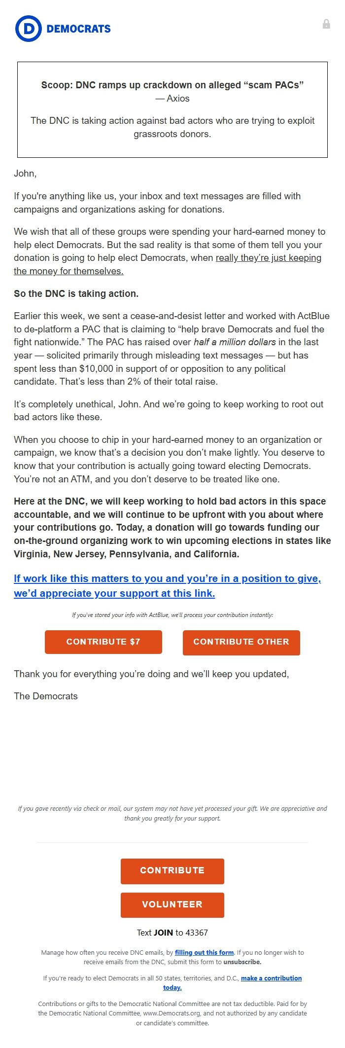Screenshot of the email generated on import