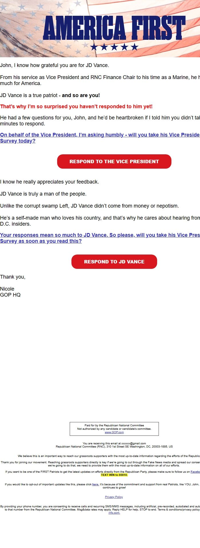 Screenshot of the email generated on import
