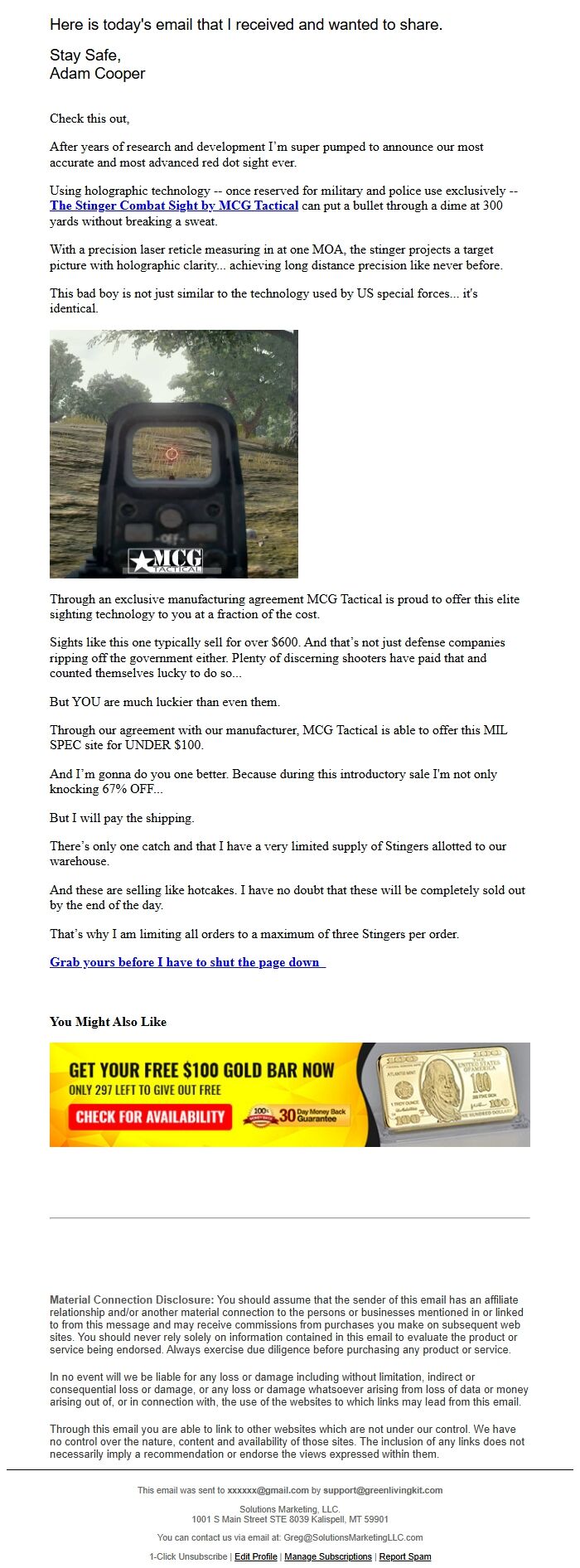 Screenshot of the email generated on import