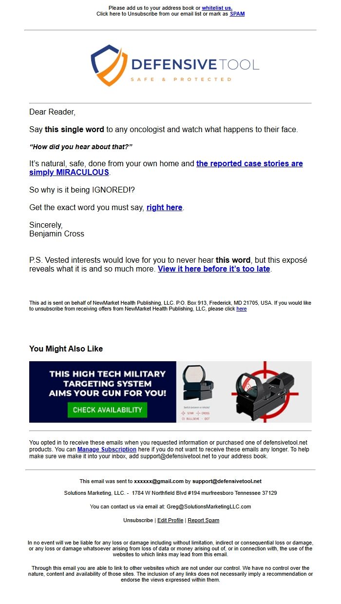 Screenshot of the email generated on import