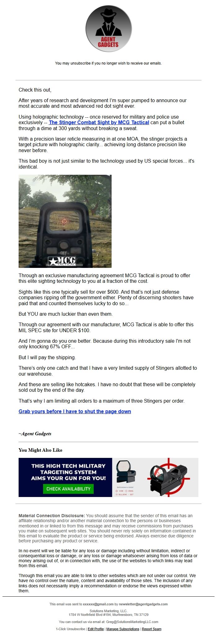 Screenshot of the email generated on import