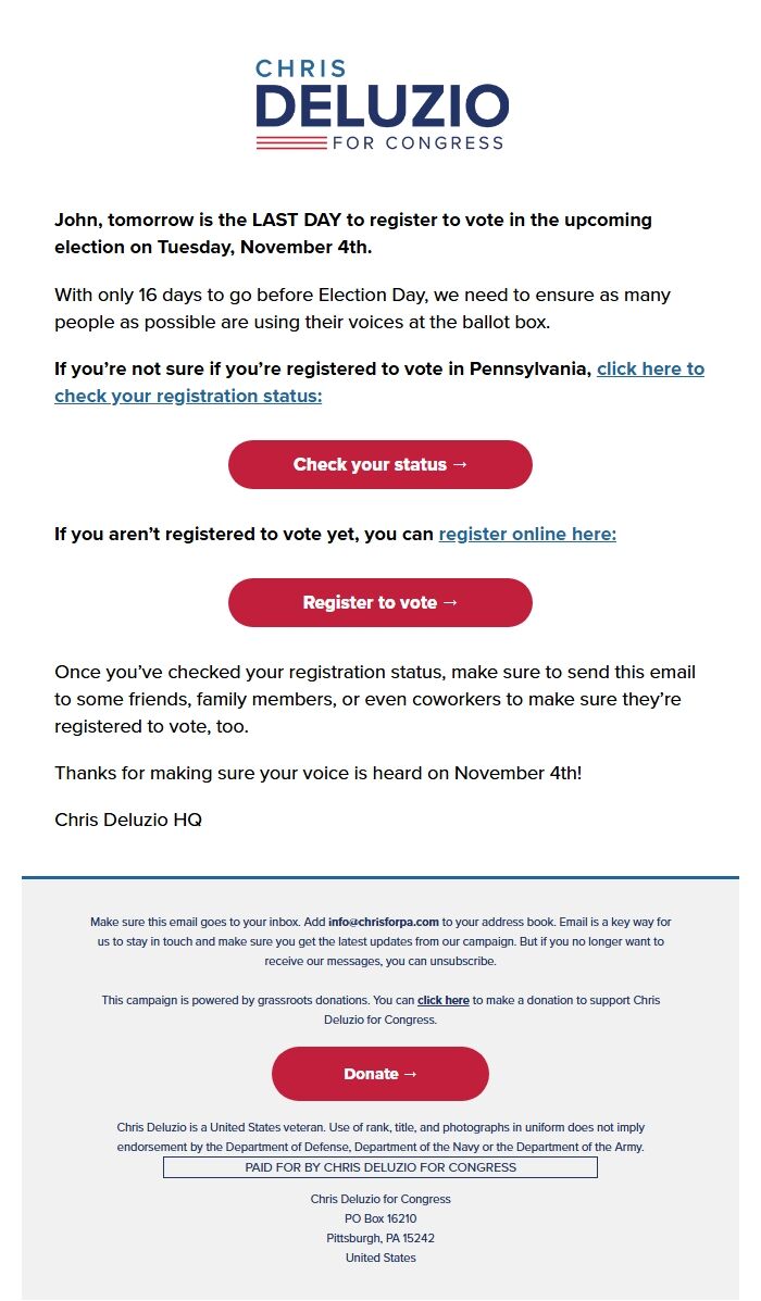 Screenshot of the email generated on import