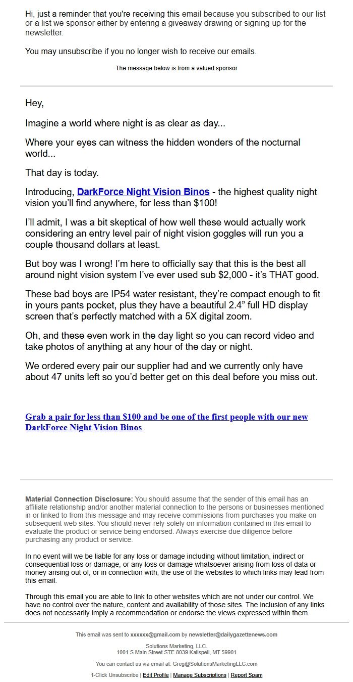 Screenshot of the email generated on import