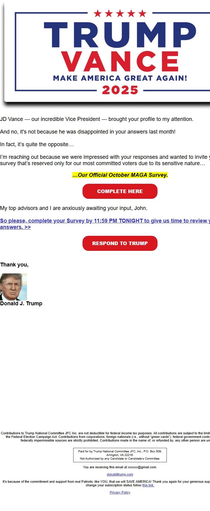 Screenshot of the email generated on import
