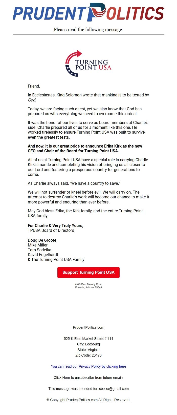 Screenshot of the email generated on import