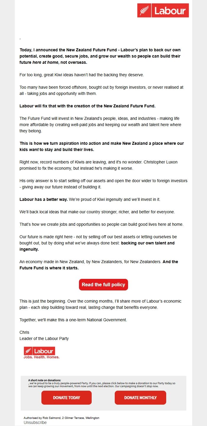 Screenshot of the email generated on import