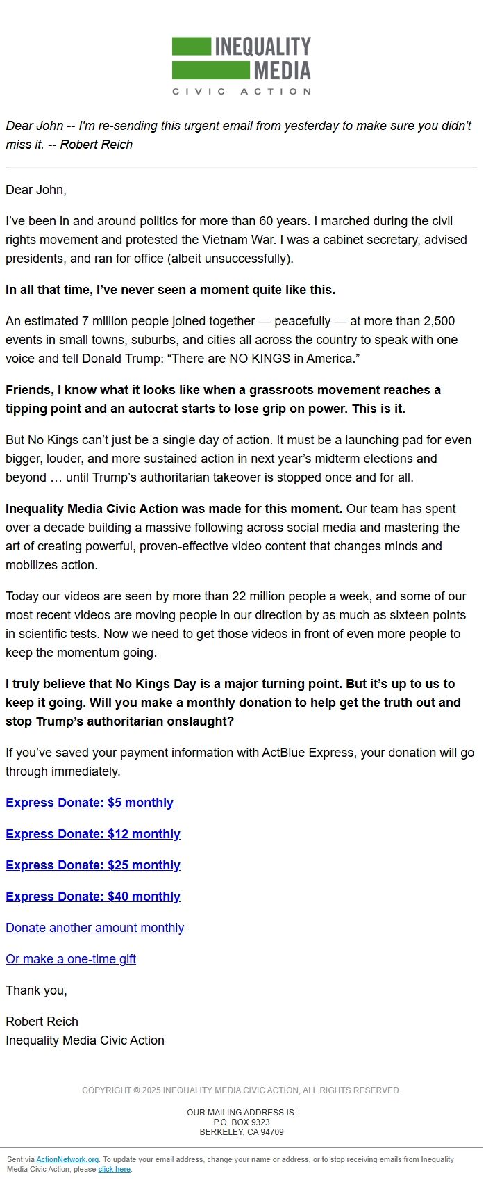 Screenshot of the email generated on import