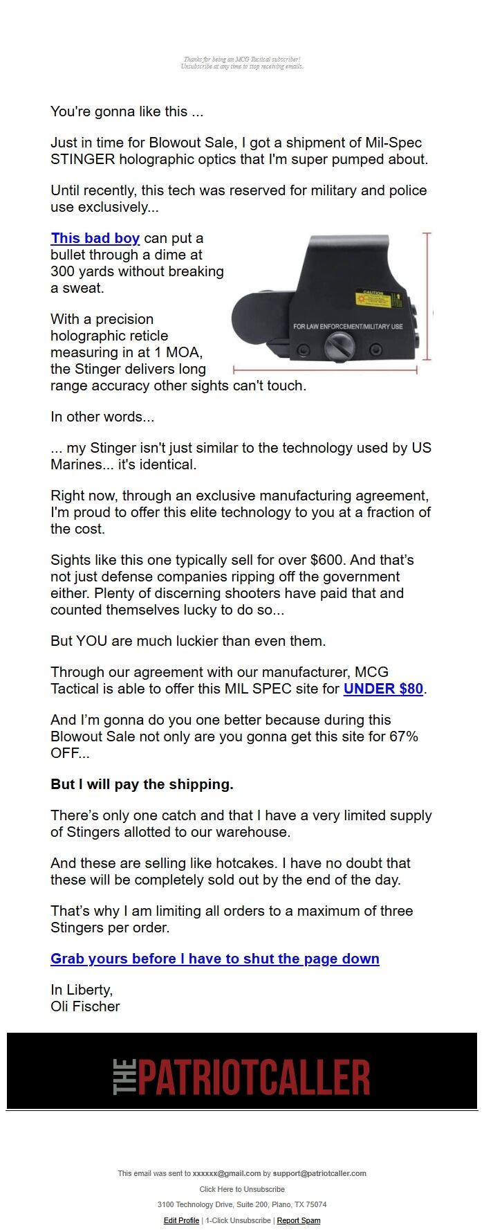 Screenshot of the email generated on import