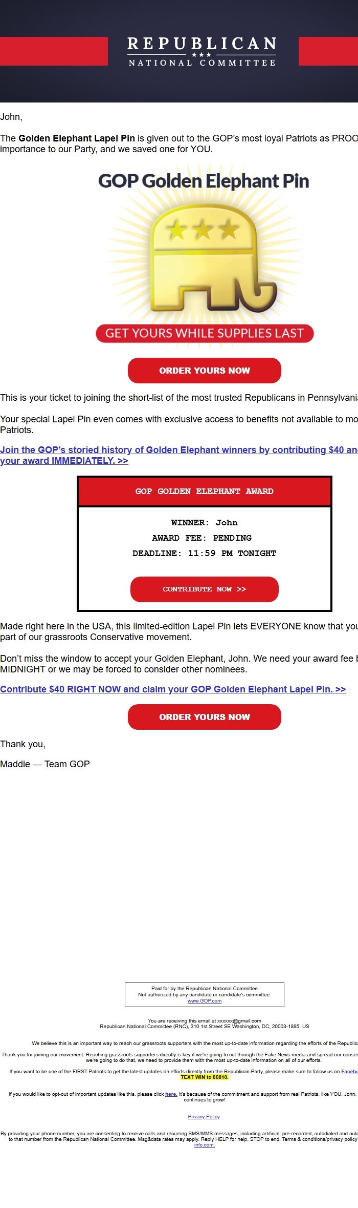 Screenshot of the email generated on import