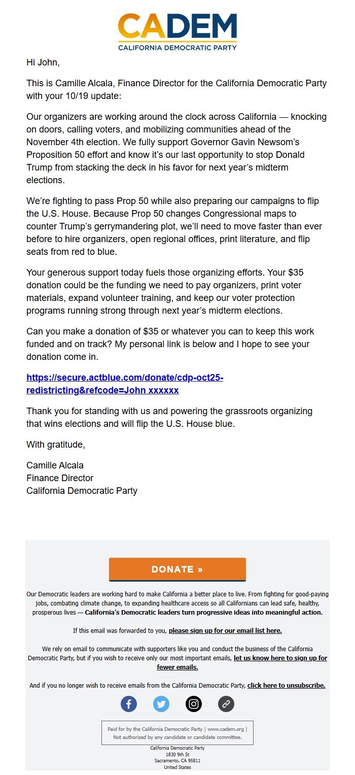 Screenshot of the email generated on import
