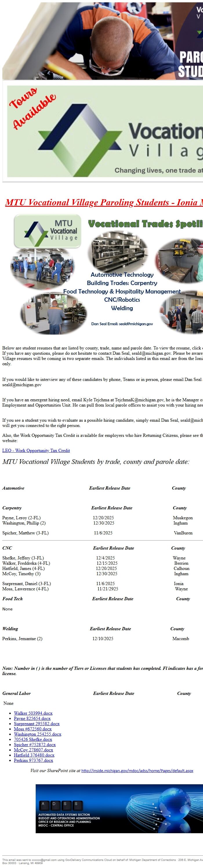 Screenshot of the email generated on import