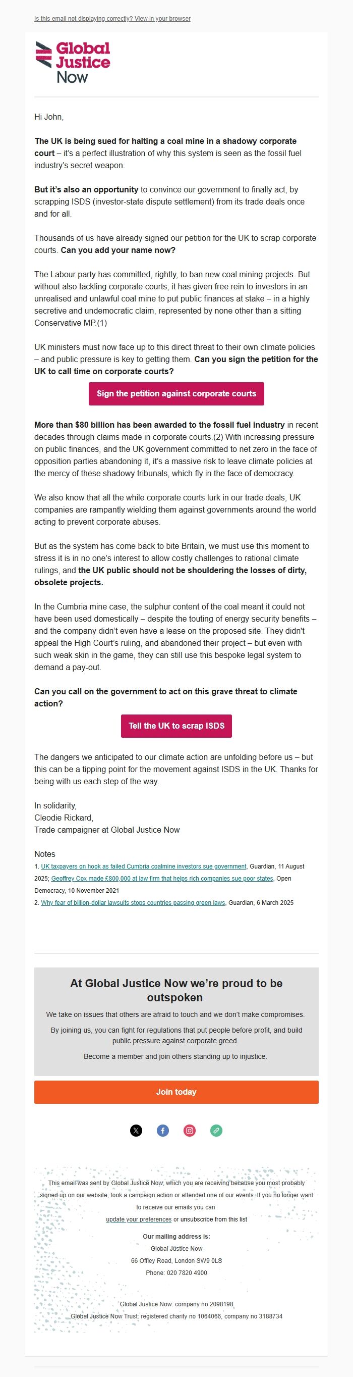 Screenshot of the email generated on import