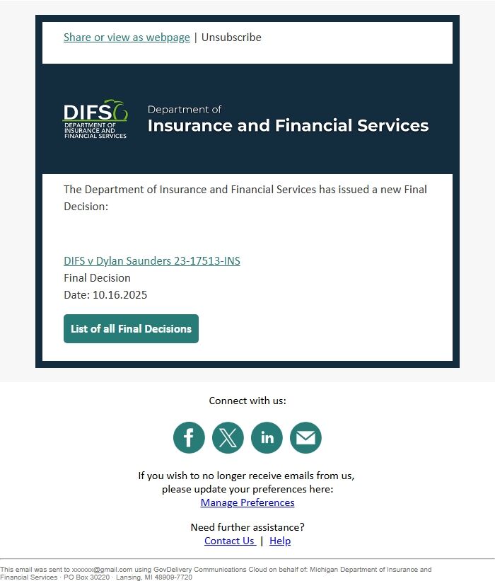 Screenshot of the email generated on import