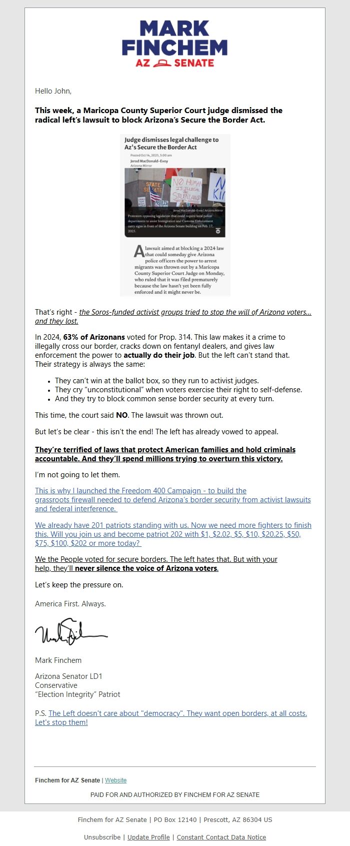 Screenshot of the email generated on import
