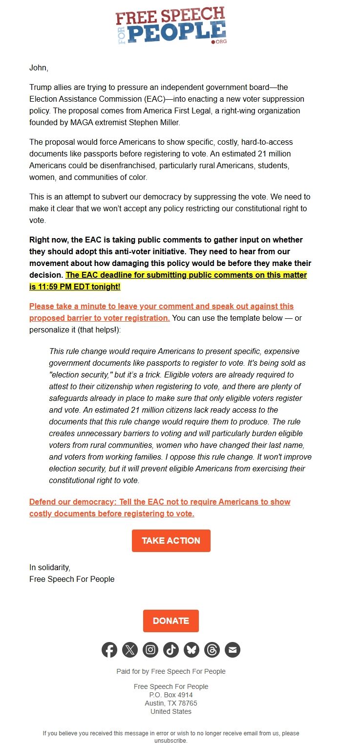 Screenshot of the email generated on import