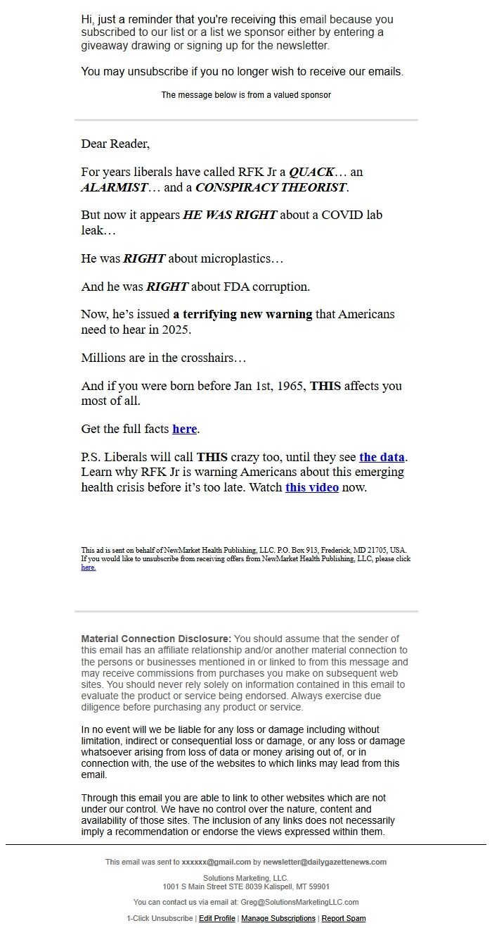 Screenshot of the email generated on import