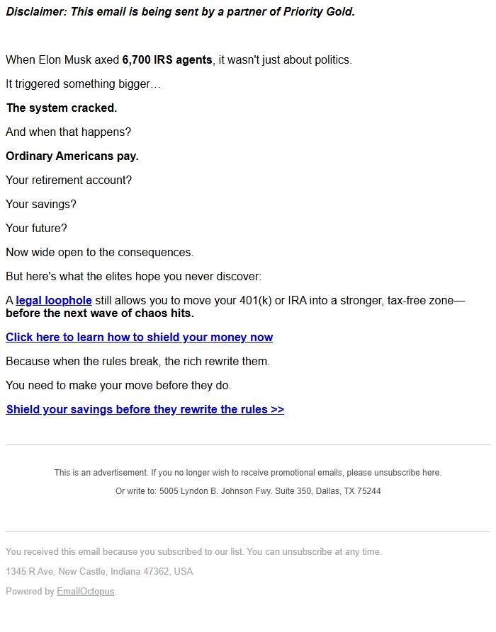 Screenshot of the email generated on import