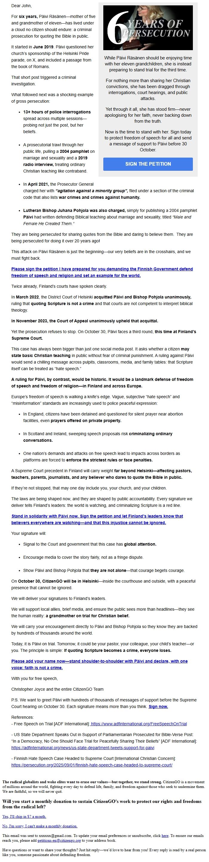 Screenshot of the email generated on import