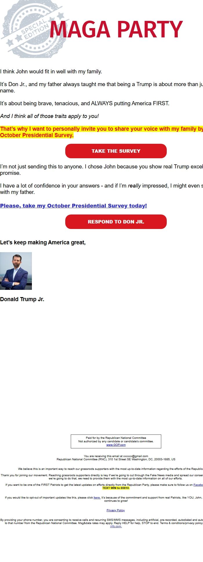 Screenshot of the email generated on import