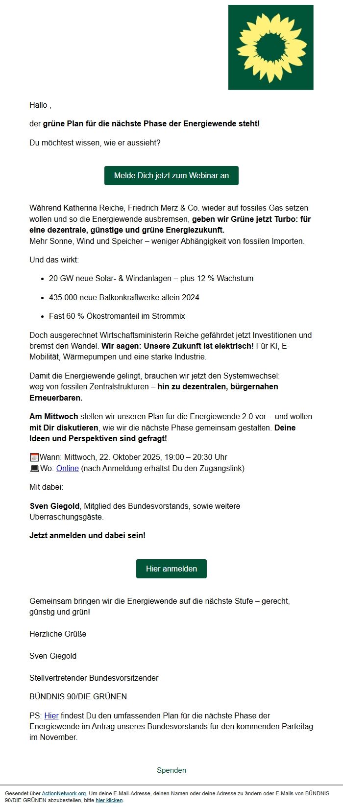 Screenshot of the email generated on import