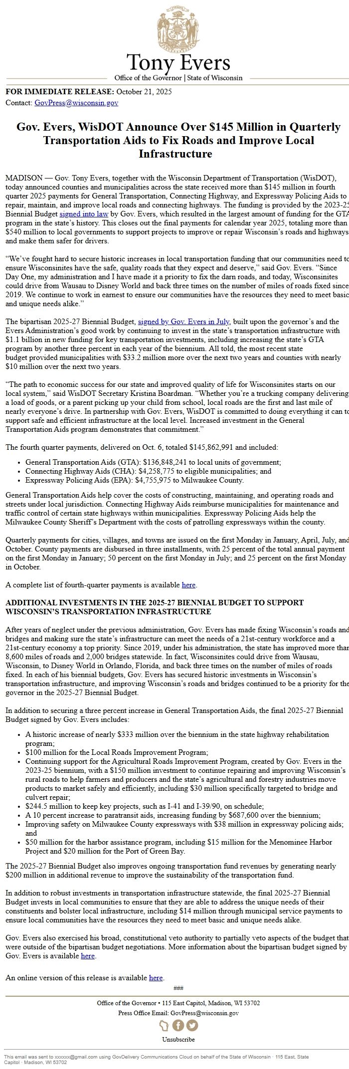 Screenshot of the email generated on import