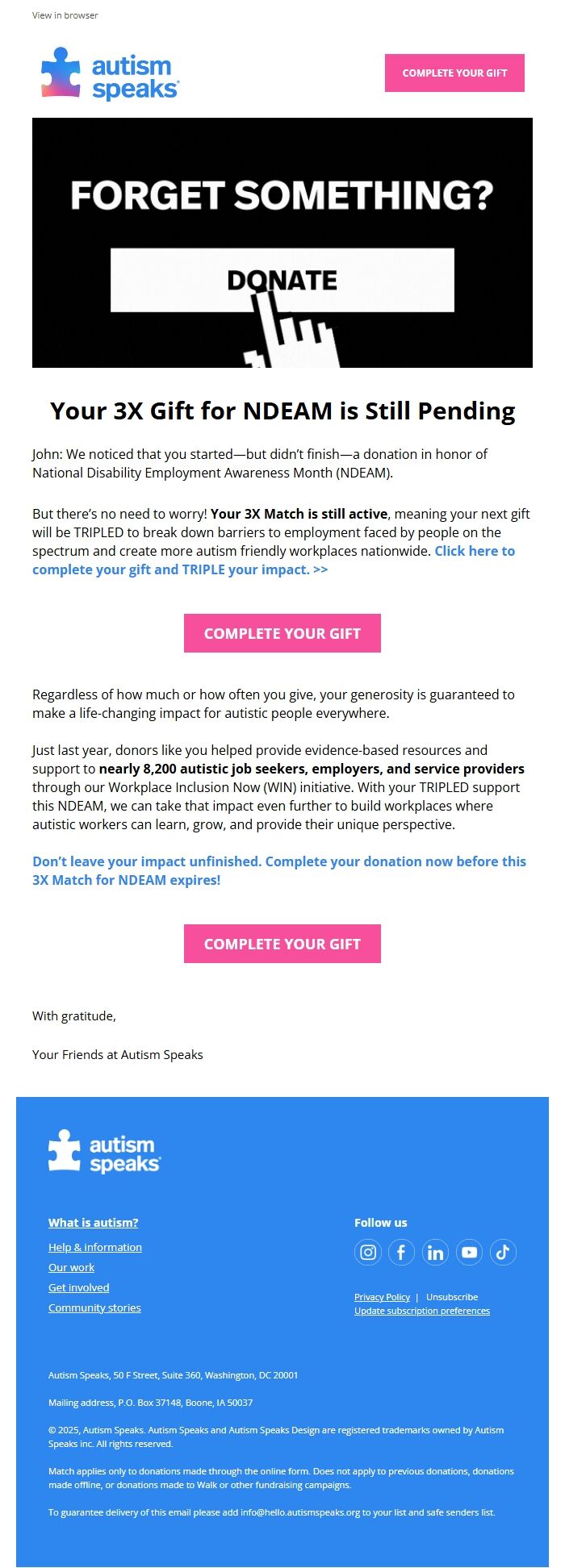 Screenshot of the email generated on import