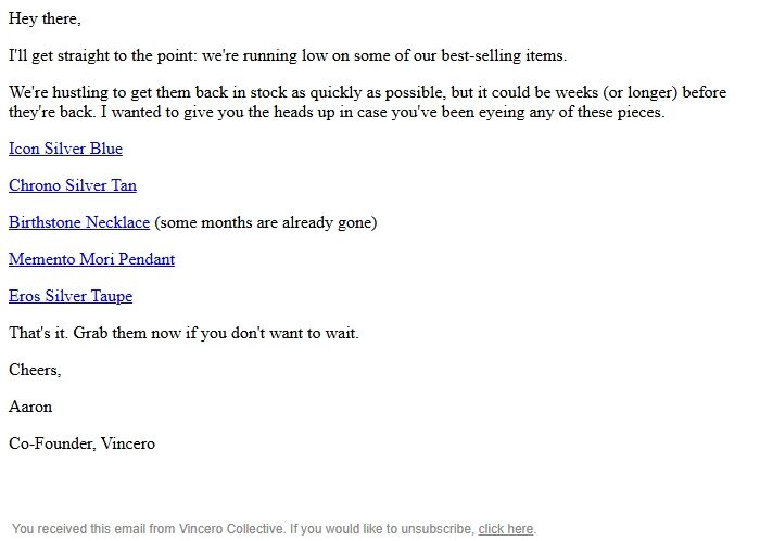 Screenshot of the email generated on import