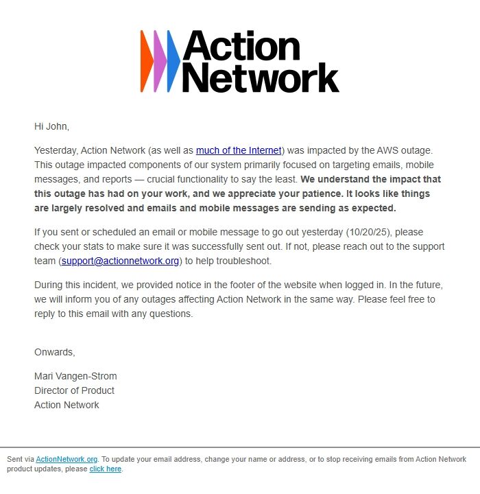 Screenshot of the email generated on import
