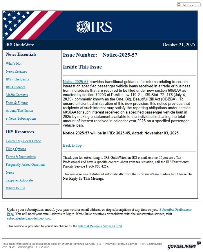 Screenshot of the email generated on import