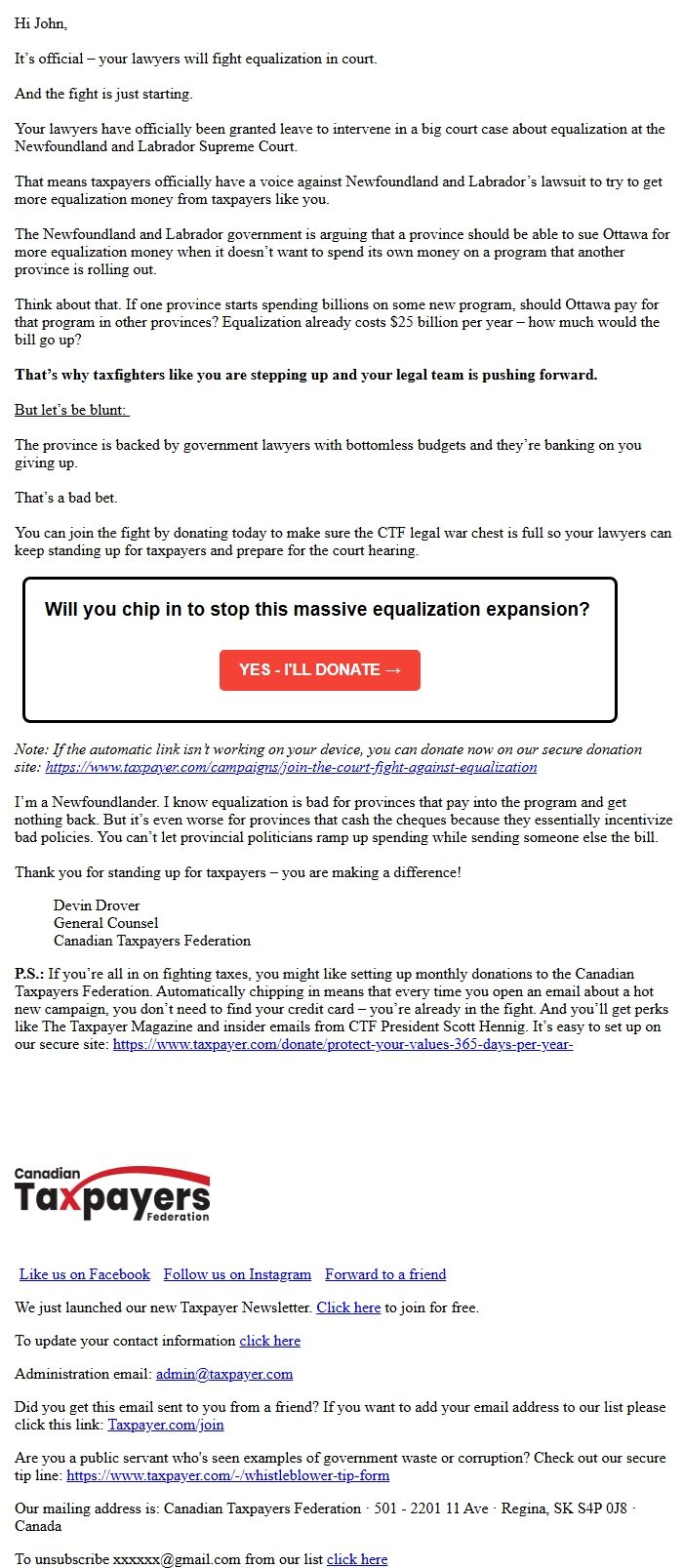 Screenshot of the email generated on import