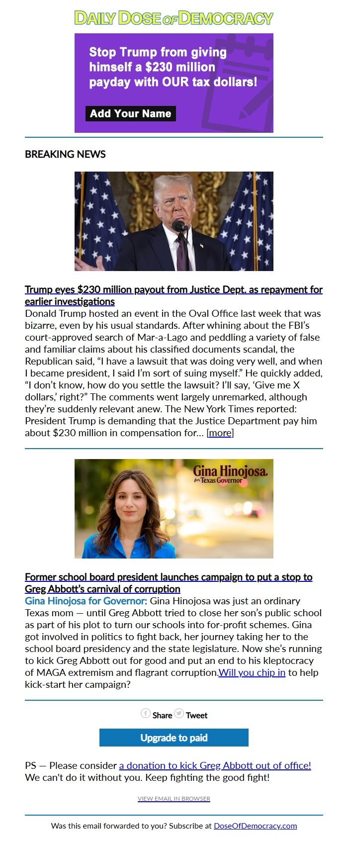 Screenshot of the email generated on import