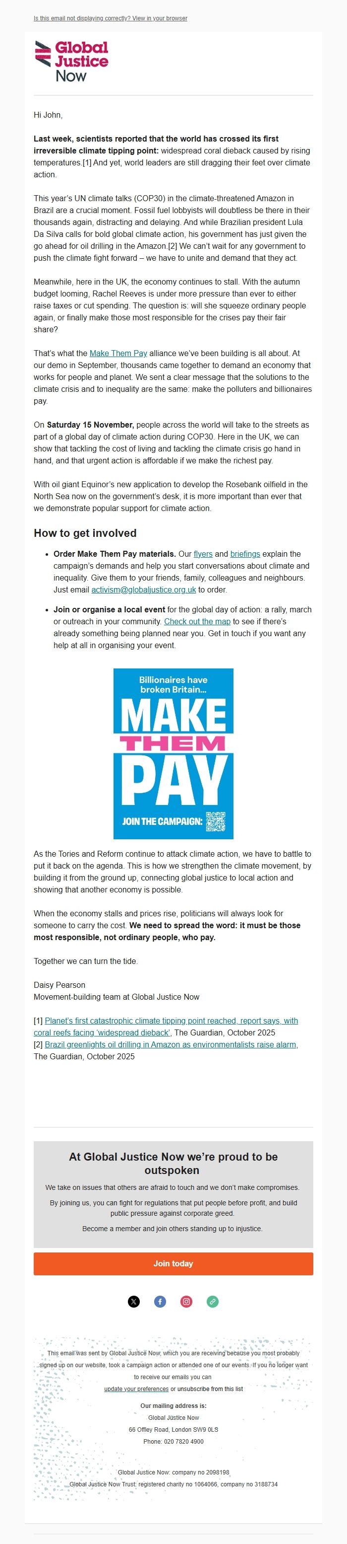 Screenshot of the email generated on import