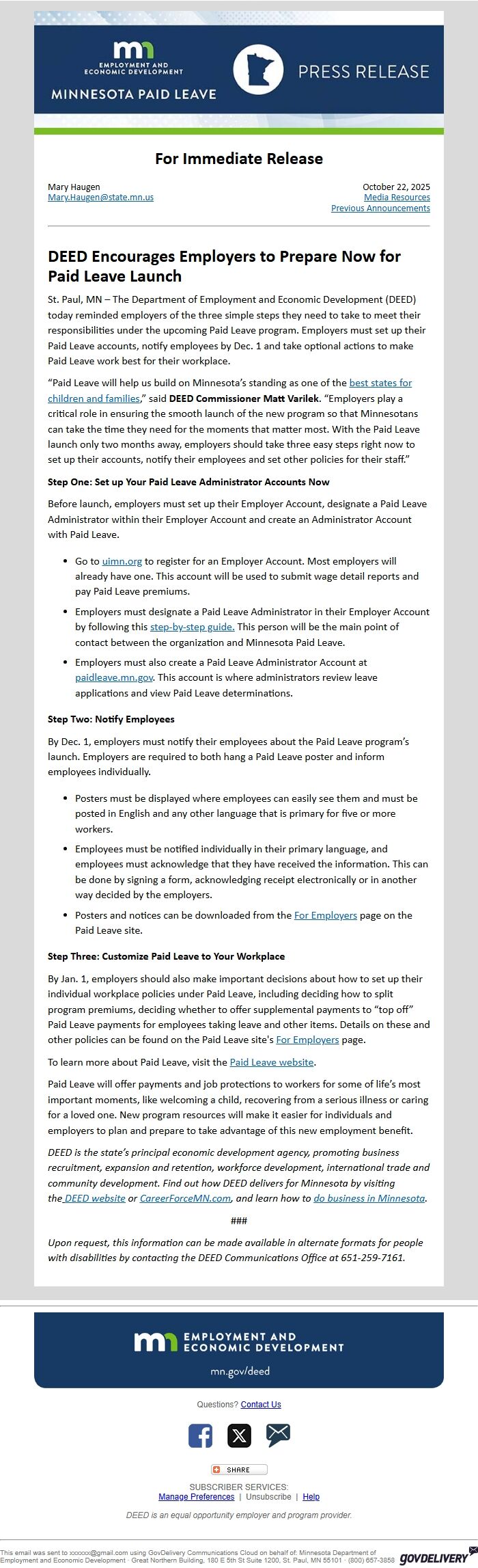 Screenshot of the email generated on import