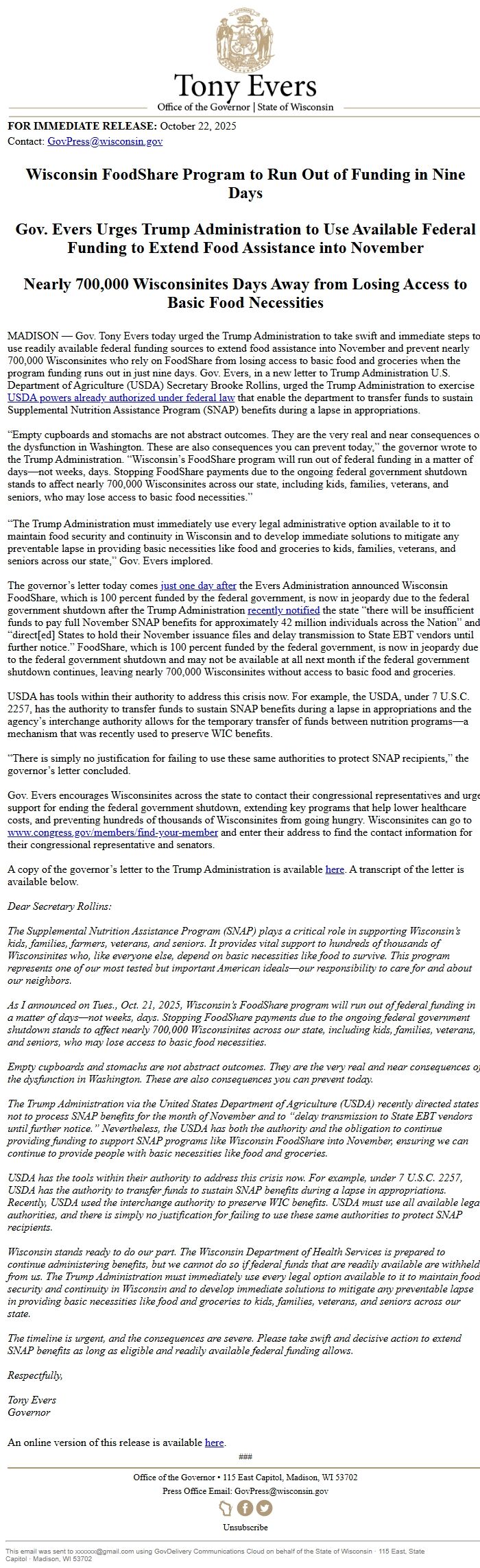 Screenshot of the email generated on import