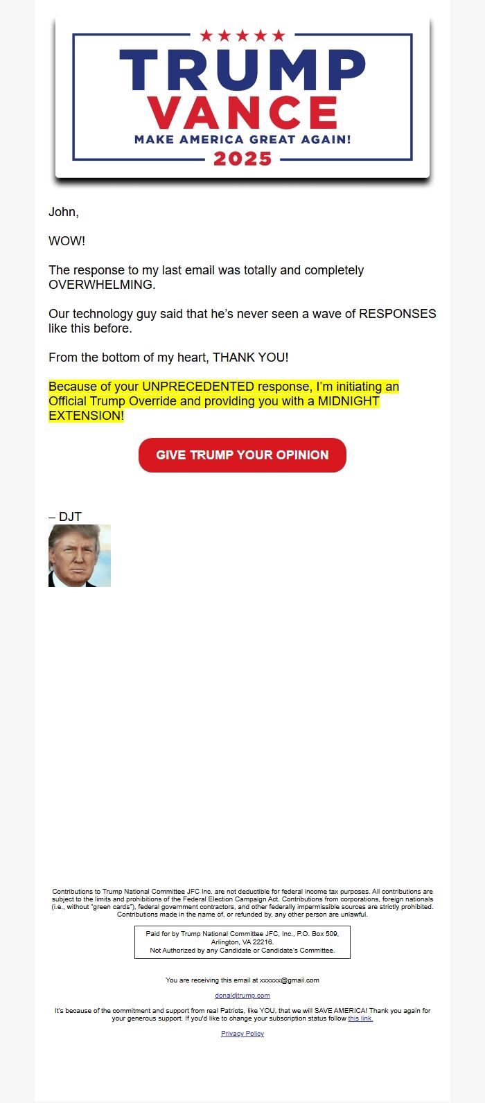 Screenshot of the email generated on import