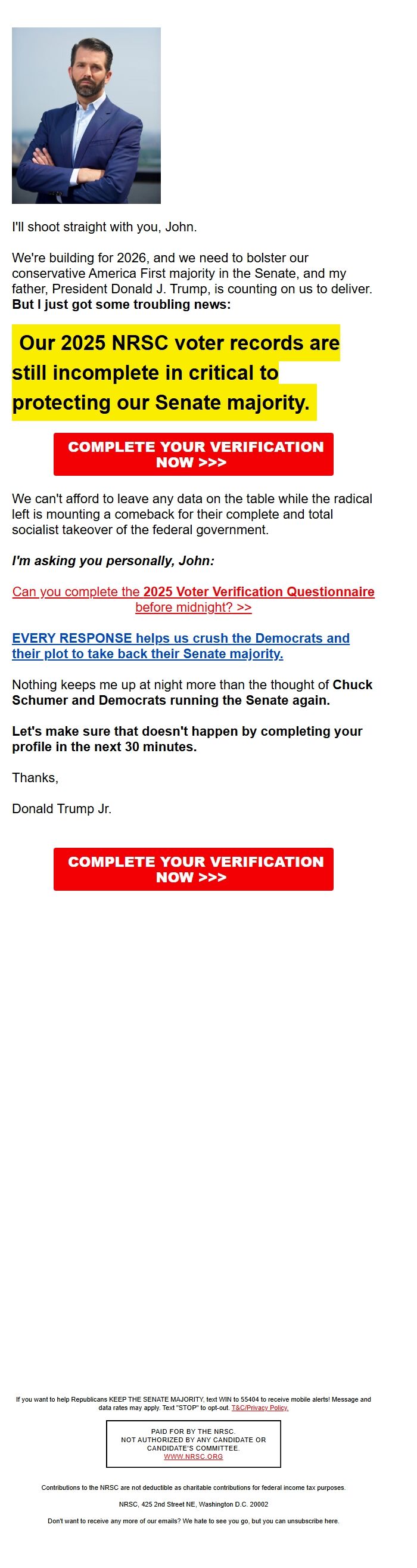 Screenshot of the email generated on import