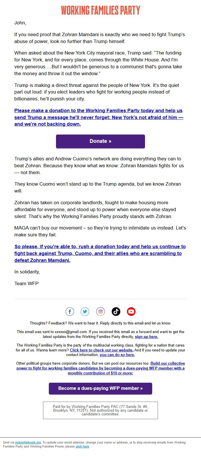 Screenshot of the email generated on import