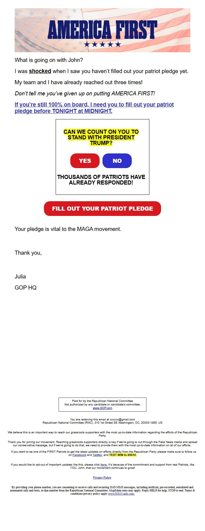 Screenshot of the email generated on import
