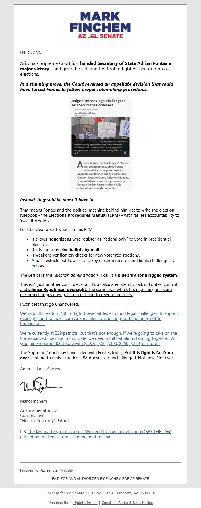 Screenshot of the email generated on import