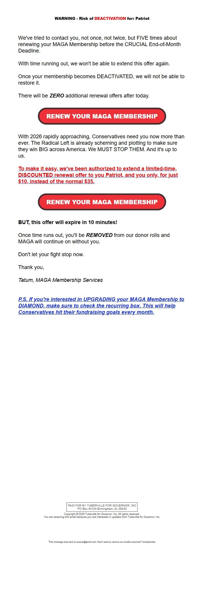 Screenshot of the email generated on import