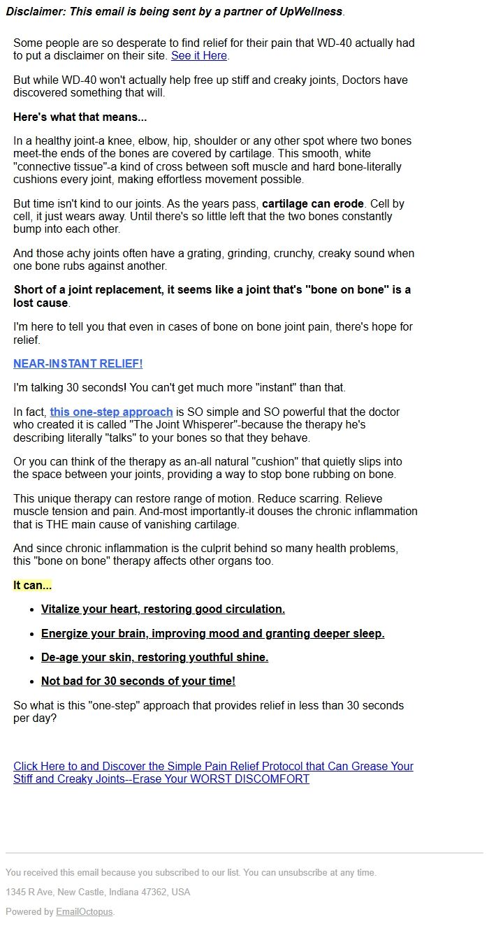 Screenshot of the email generated on import