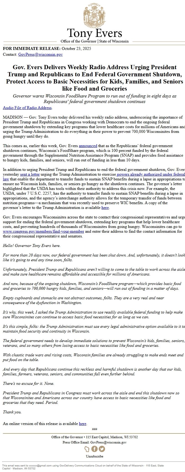 Screenshot of the email generated on import
