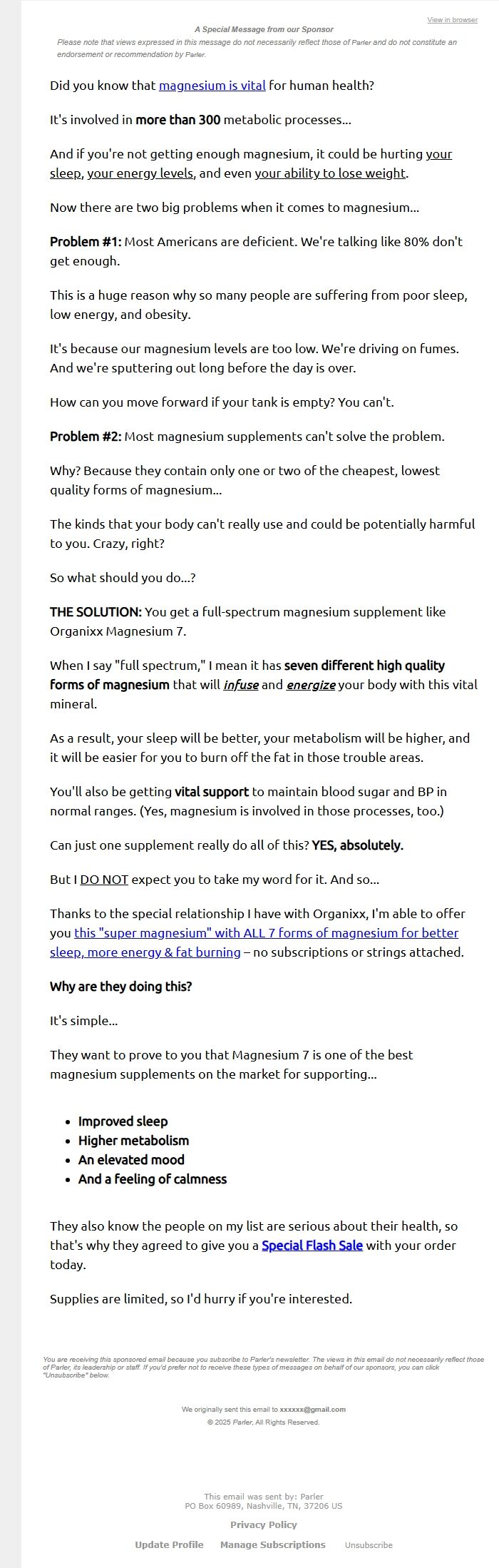 Screenshot of the email generated on import