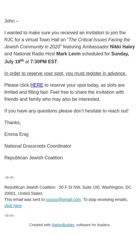 Screenshot of the email generated on import