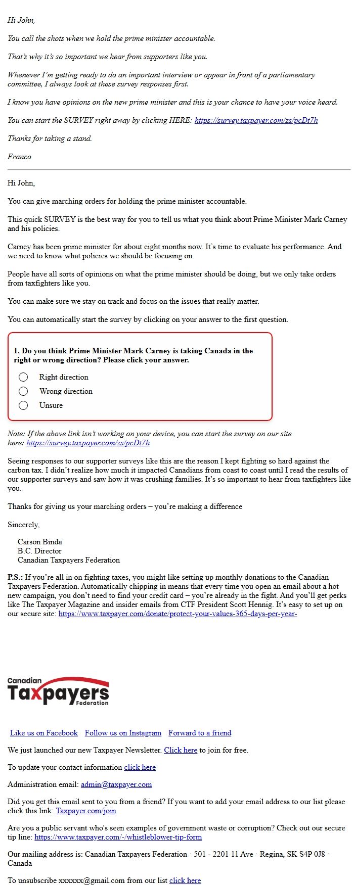 Screenshot of the email generated on import