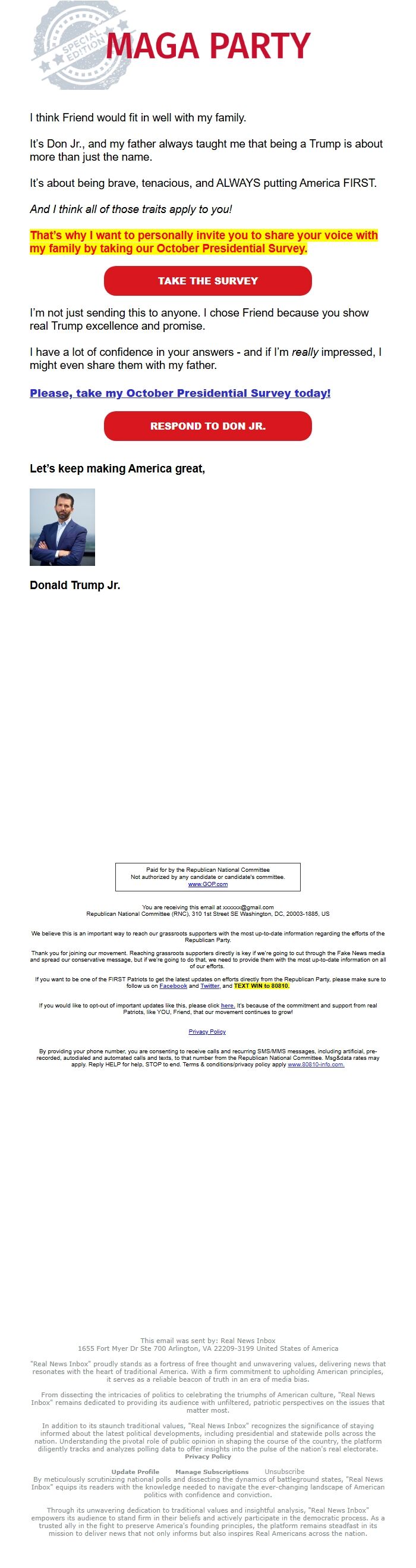 Screenshot of the email generated on import