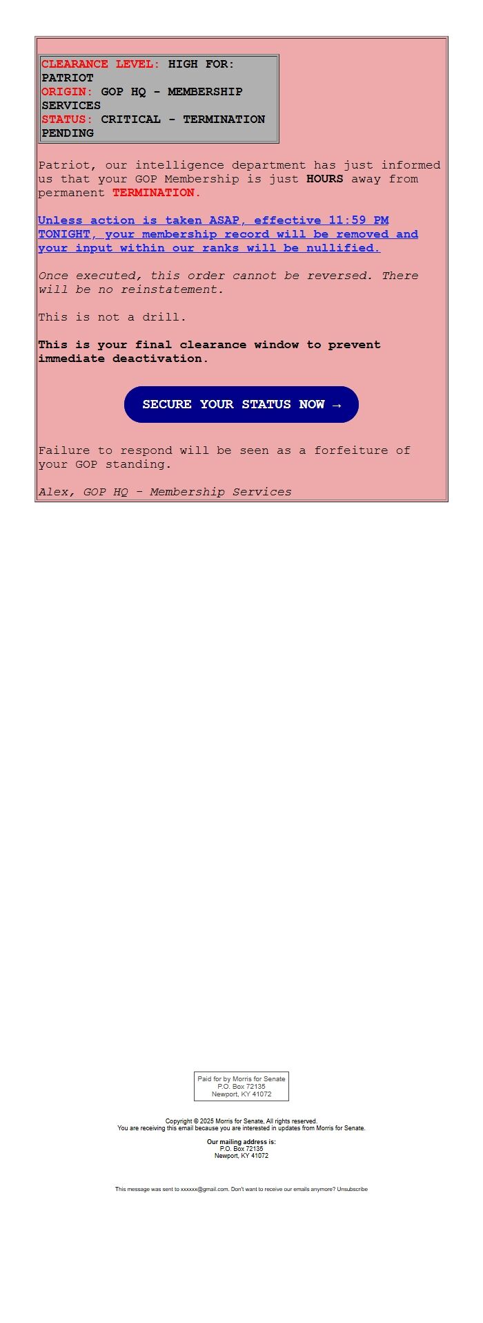 Screenshot of the email generated on import