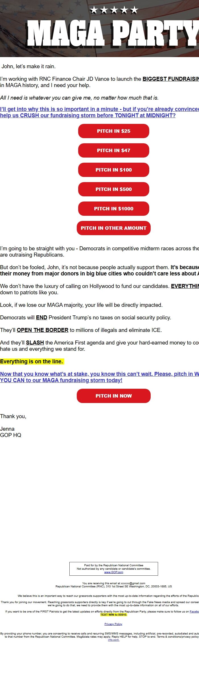 Screenshot of the email generated on import